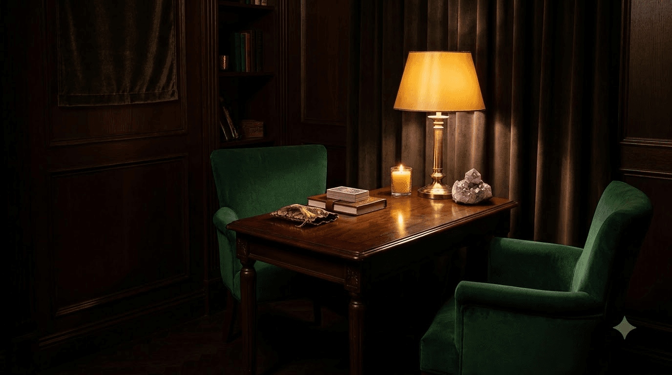 Private psychic reading booking consultation room with warm candlelight and calm setting