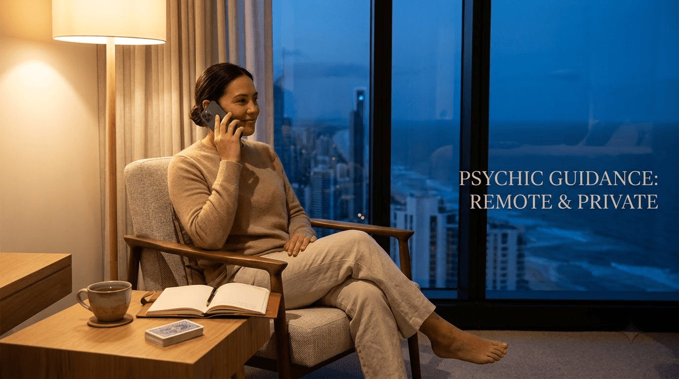Phone psychic reading from home — a person in a comfortable armchair holding a smartphone to their ear, with a warm side lamp and a cup of tea nearby