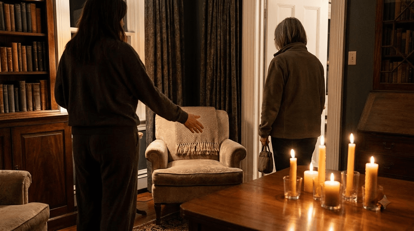 First psychic reading consultation — a calm private consultation room prepared for a client with warm candlelight and a quiet, inviting atmosphere