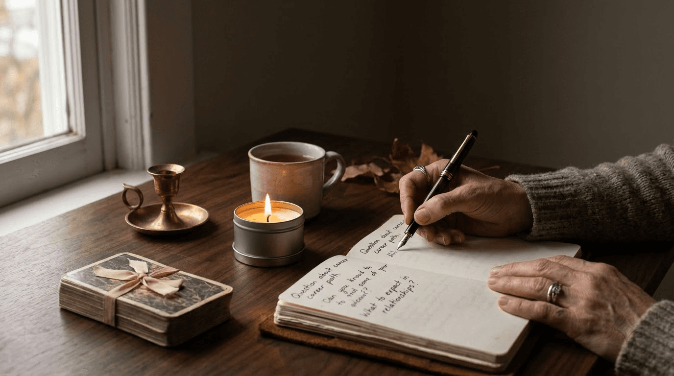 Preparation for a psychic reading — a quiet, comfortable space with a notebook and warm side light, perfect for gentle reflection before a session