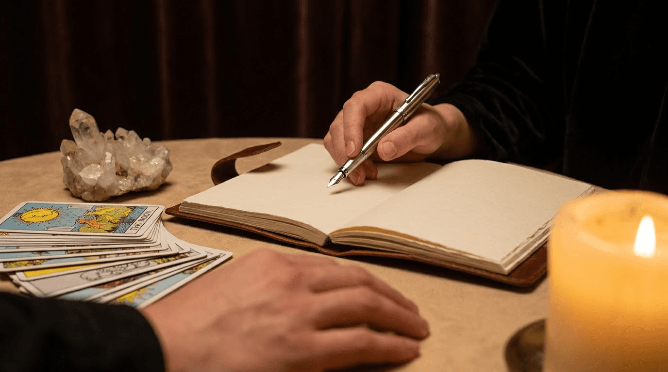 Questions to ask a psychic — a thoughtful image of a fountain pen hovering over a leather journal, capturing the quiet moment of framing the right question before a reading