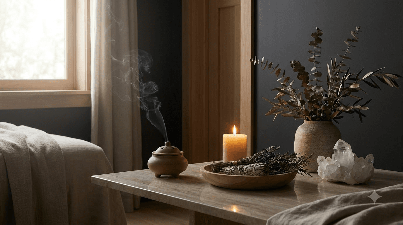 Spiritual energy cleansing service with sage and crystals
